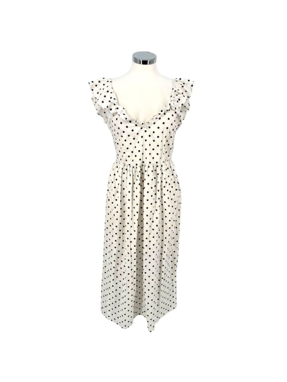 Boohoo Polka Dot Ruffle Midi Dress Open Back Tie Detail White Black Size 8 NWT